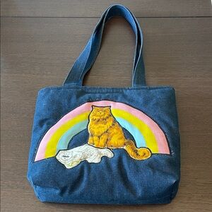 Handmade joy joy Stylish Denim Cat Tote Bag with Rainbow Design jay jay z2
